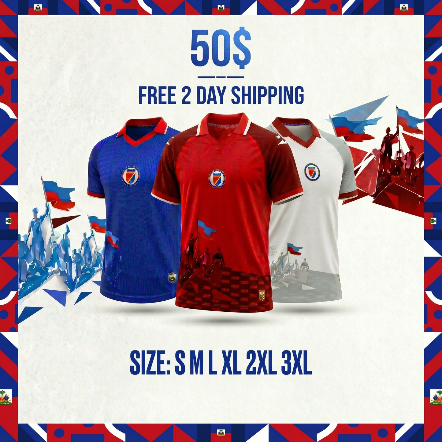 HAITI SOCCER JERSEY BLUE - RED - WHITE (S- 3XL) FREE 2 DAY SHIPPING